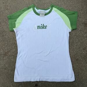 Y2K 90s Nike women’s babydoll tshirt green white logo gray tag size LARGE